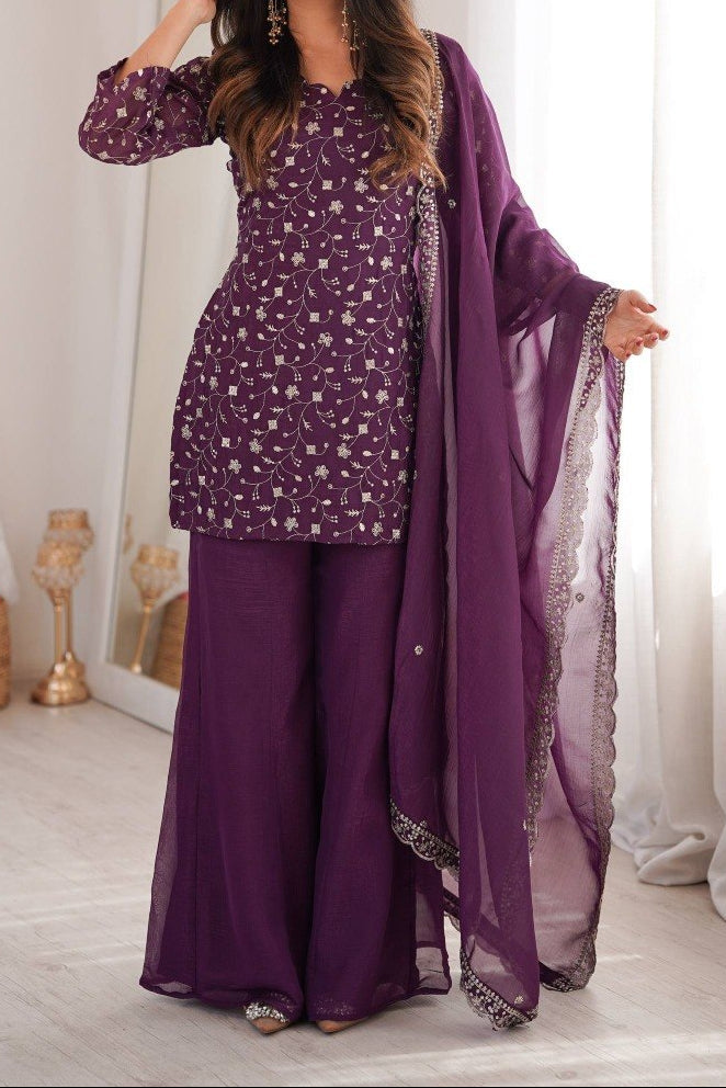 Sequence & Jari Work Top With Corset Back With Bell Bottom Pant Set