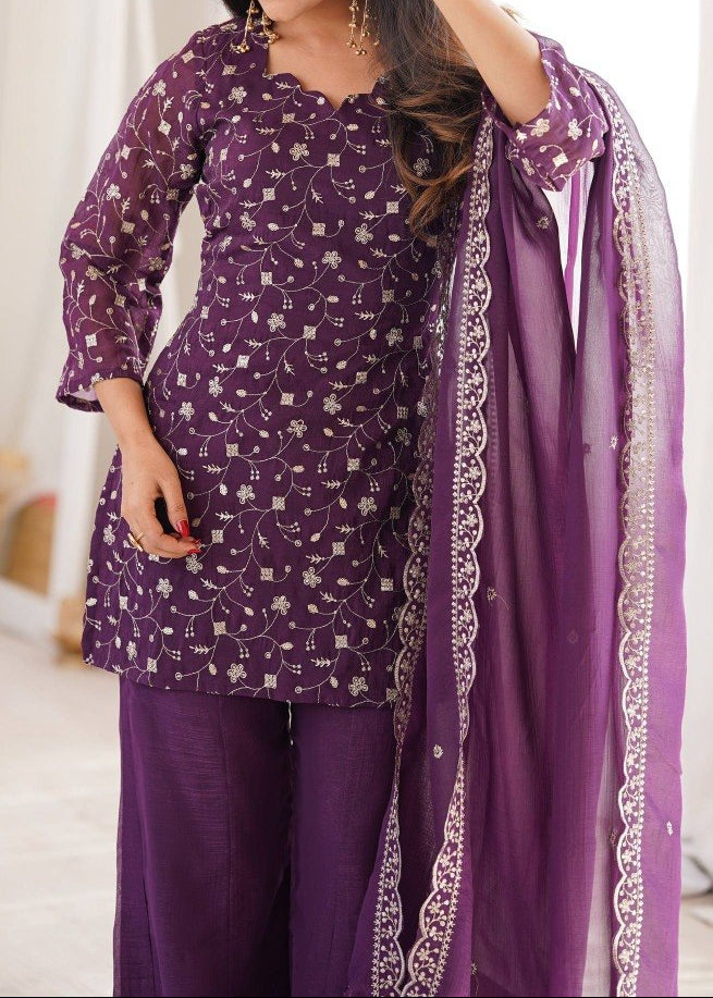 Sequence & Jari Work Top With Corset Back With Bell Bottom Pant Set