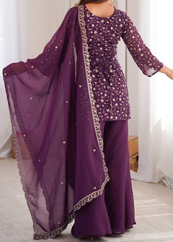 Sequence & Jari Work Top With Corset Back With Bell Bottom Pant Set