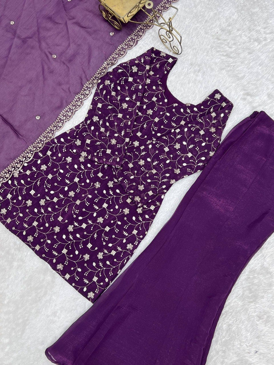 Sequence & Jari Work Top With Corset Back With Bell Bottom Pant Set