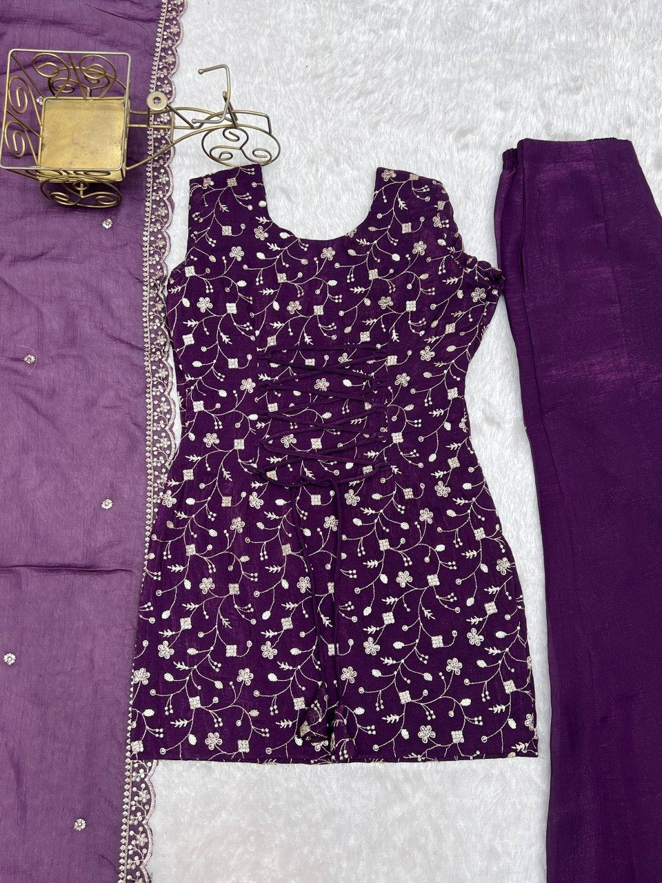 Sequence & Jari Work Top With Corset Back With Bell Bottom Pant Set