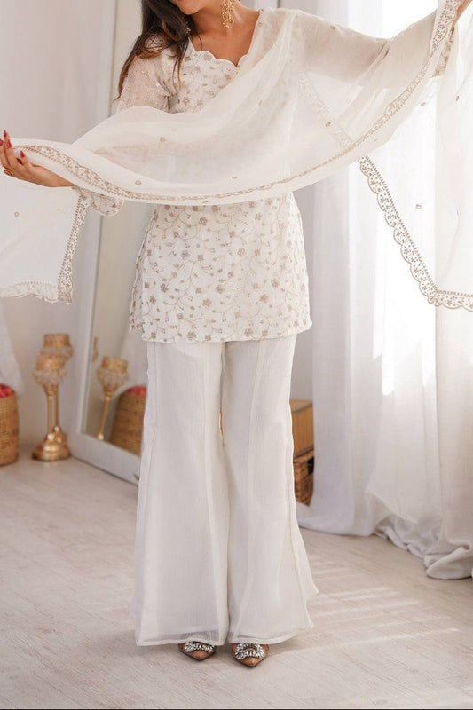 Sequence & Jari Work Top With Corset Back With Bell Bottom Pant Set