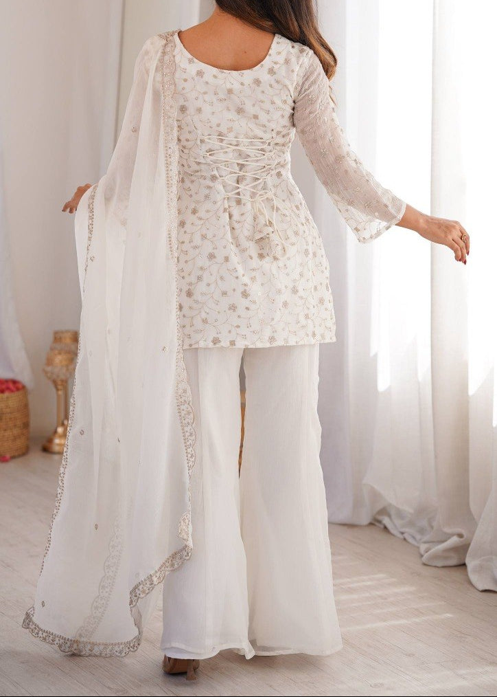 Sequence & Jari Work Top With Corset Back With Bell Bottom Pant Set
