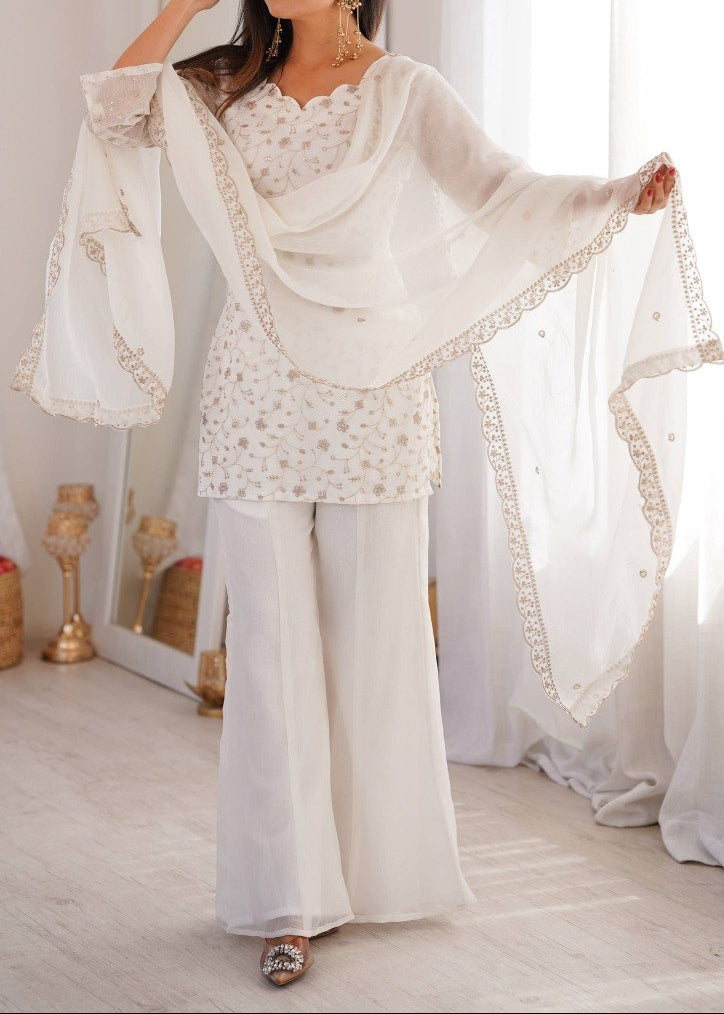 Sequence & Jari Work Top With Corset Back With Bell Bottom Pant Set