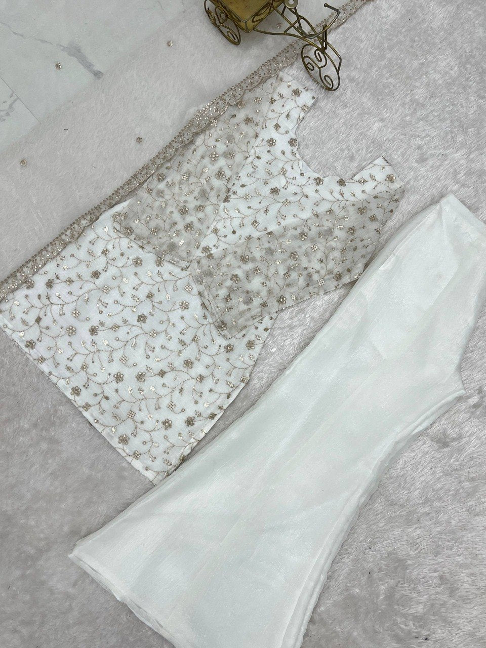 Sequence & Jari Work Top With Corset Back With Bell Bottom Pant Set