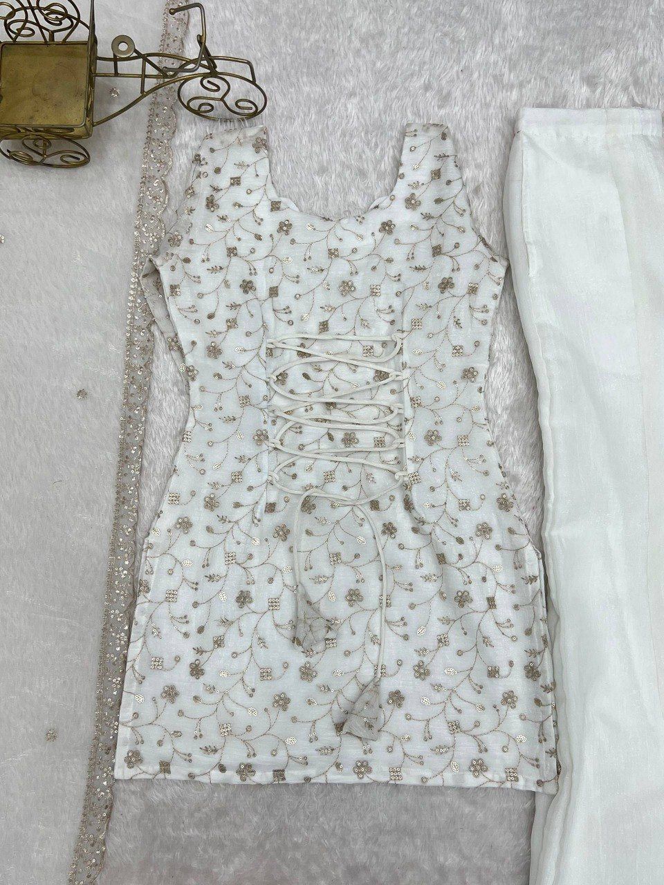 Sequence & Jari Work Top With Corset Back With Bell Bottom Pant Set