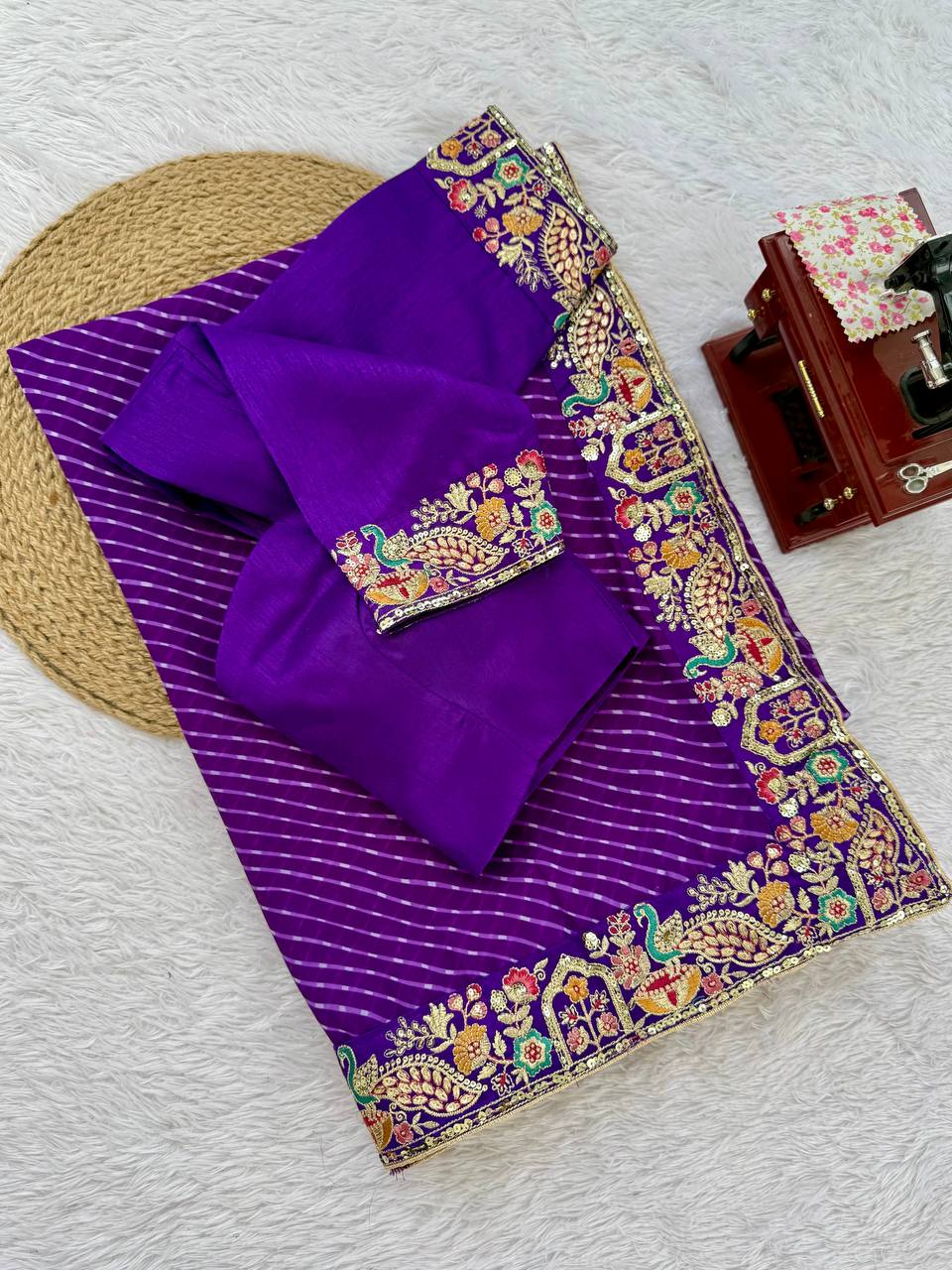 Wedding Wear  Elegant Embroidery Work Bandhani Print Saree
