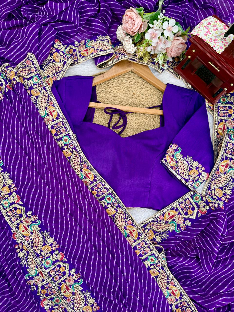 Wedding Wear  Elegant Embroidery Work Bandhani Print Saree