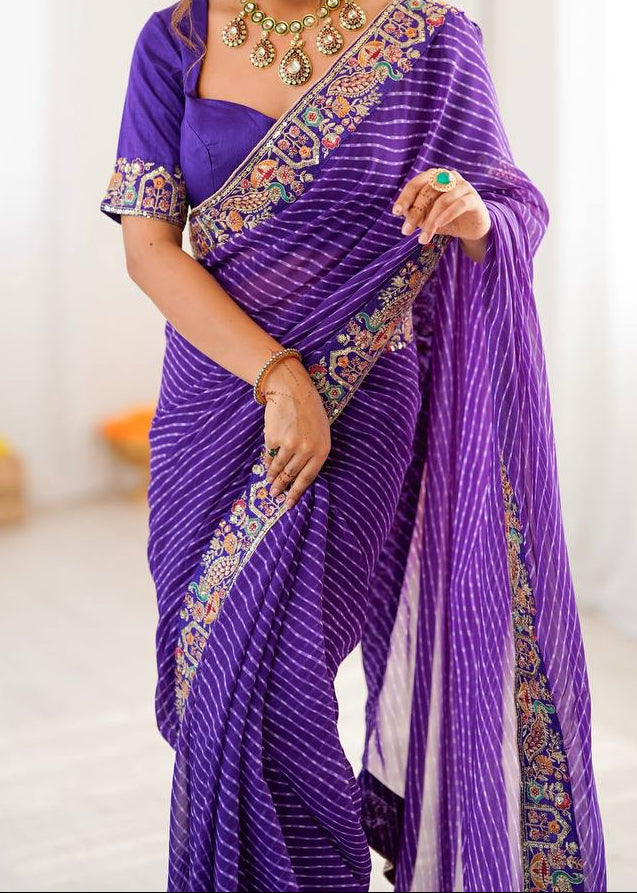 Wedding Wear  Elegant Embroidery Work Bandhani Print Saree