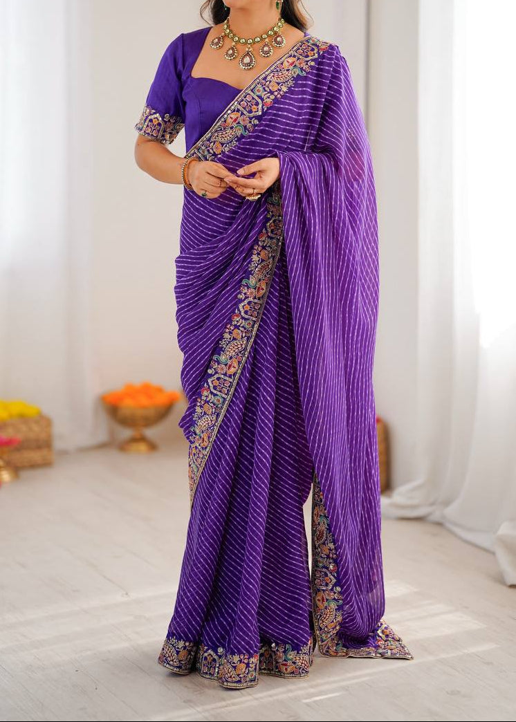 Wedding Wear  Elegant Embroidery Work Bandhani Print Saree