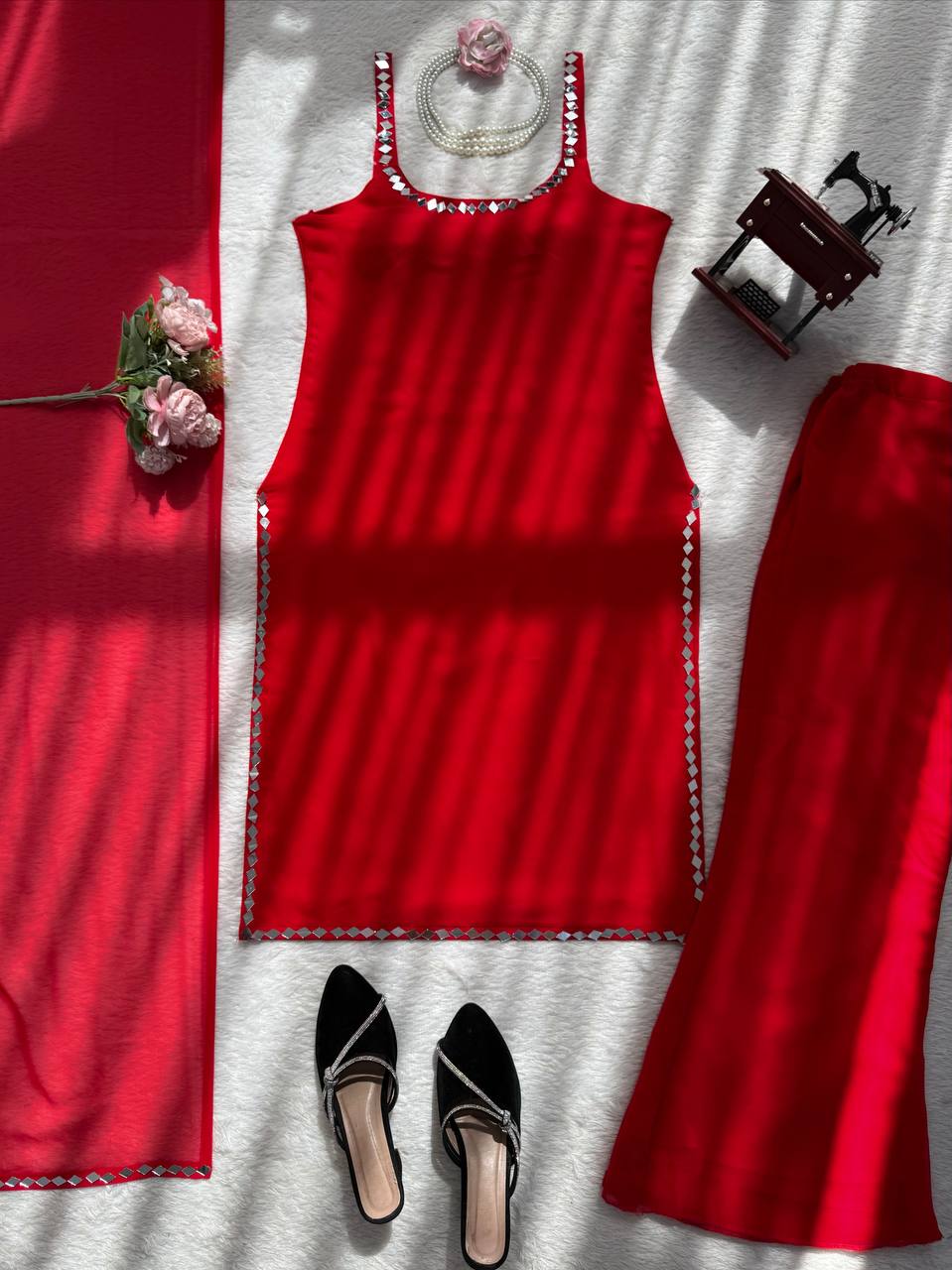 Elegant Real Mirror Work Top Pant With Dupatta