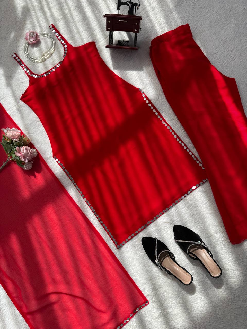 Elegant Real Mirror Work Top Pant With Dupatta