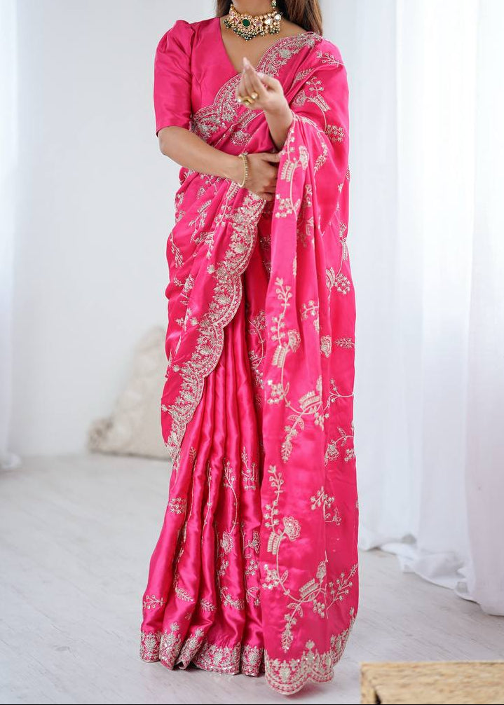 Party Wear Heavy Japan Satin Silk Saree With Sequins Embroidery Work