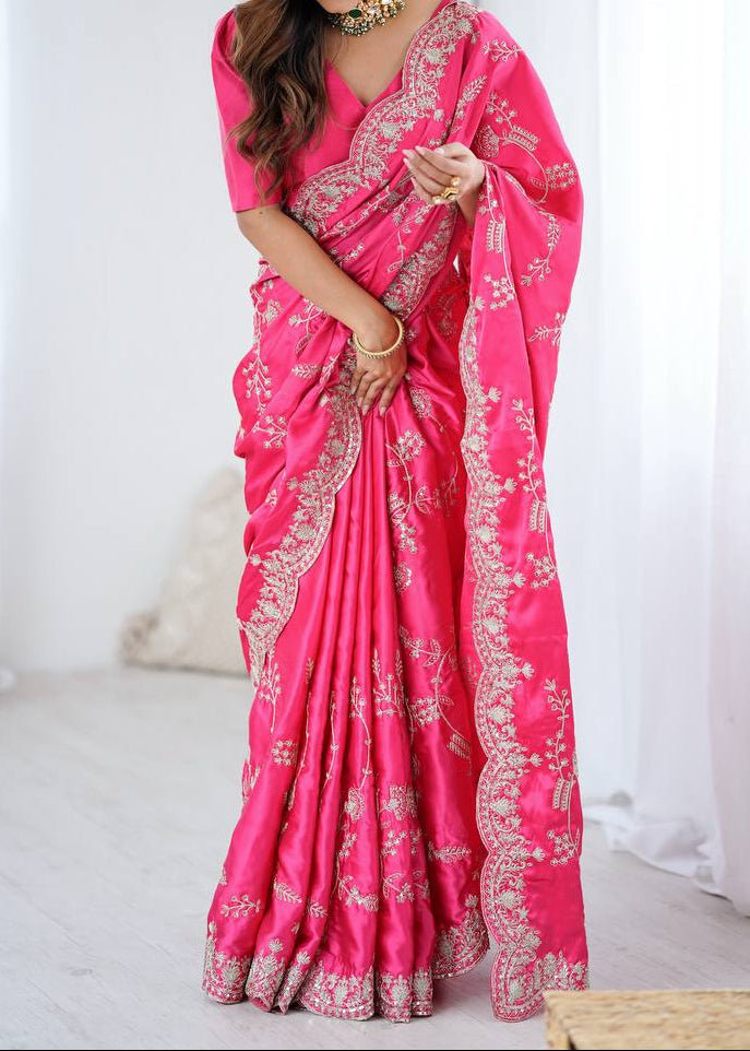Party Wear Heavy Japan Satin Silk Saree With Sequins Embroidery Work
