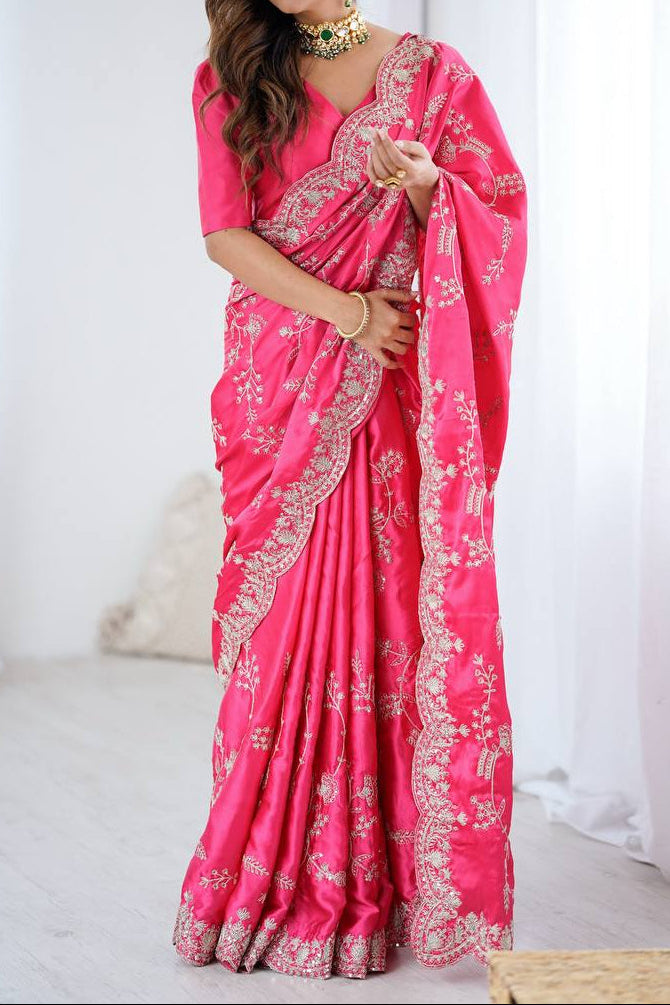 Party Wear Heavy Japan Satin Silk Saree With Sequins Embroidery Work