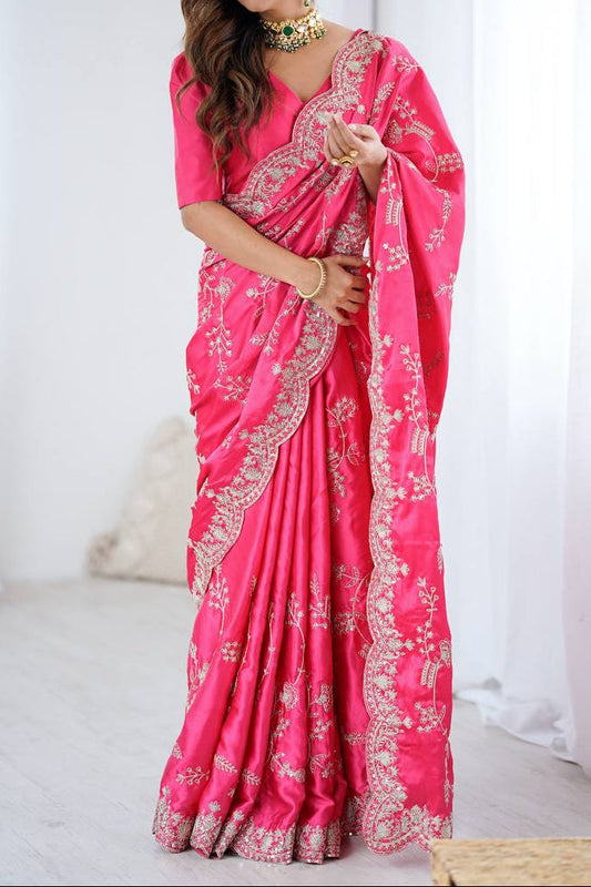 Party Wear Heavy Japan Satin Silk Saree With Sequins Embroidery Work