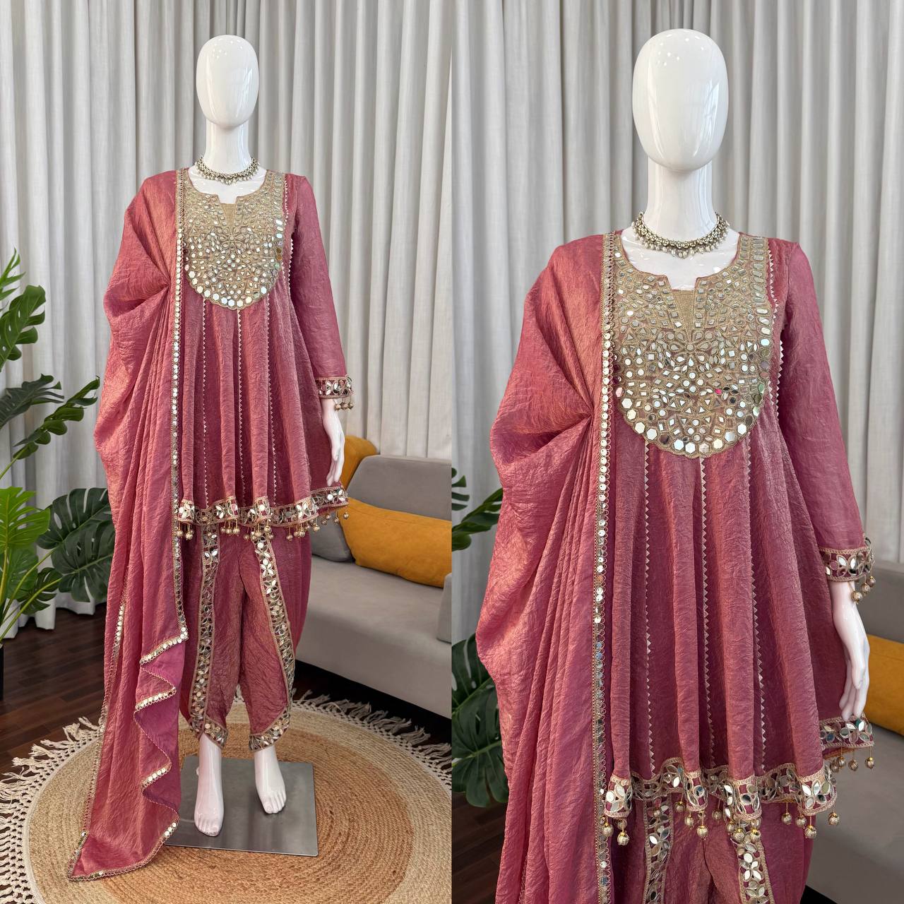Gold Crush Thread with Real mirror and Fancy Latkan Top, Dhoti And Dupatta