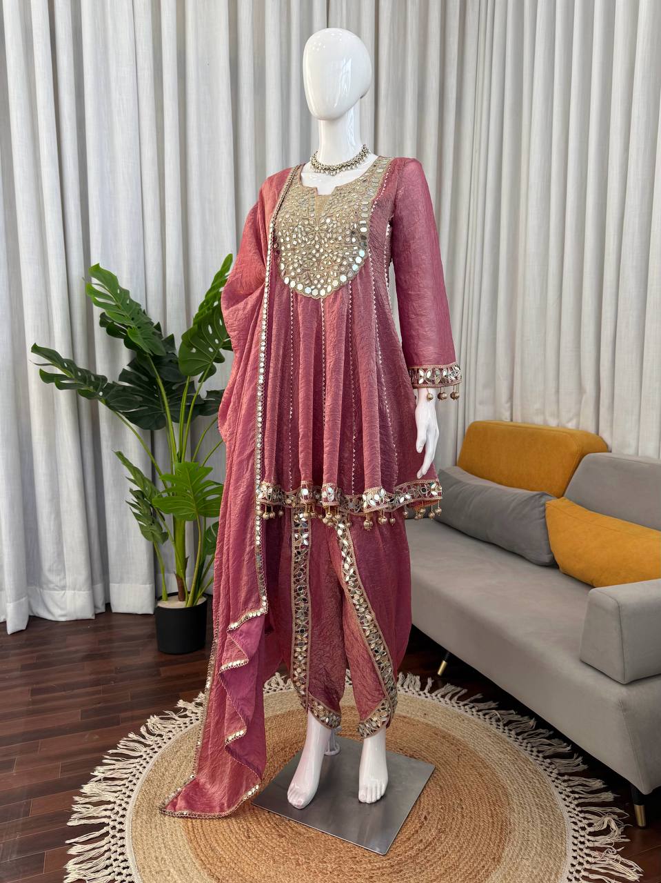 Gold Crush Thread with Real mirror and Fancy Latkan Top, Dhoti And Dupatta