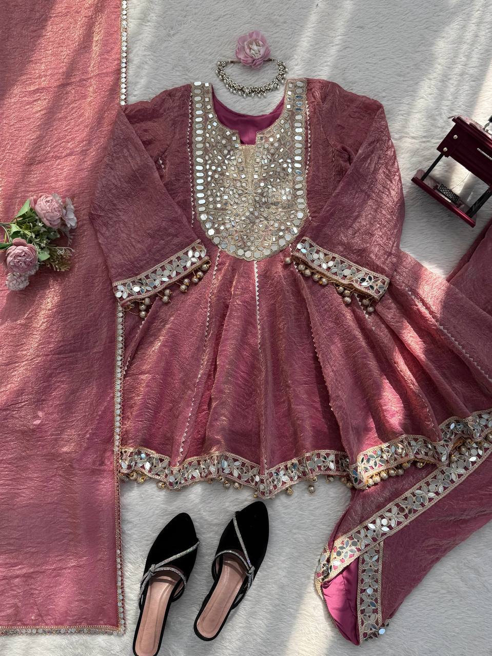 Gold Crush Thread with Real mirror and Fancy Latkan Top, Dhoti And Dupatta