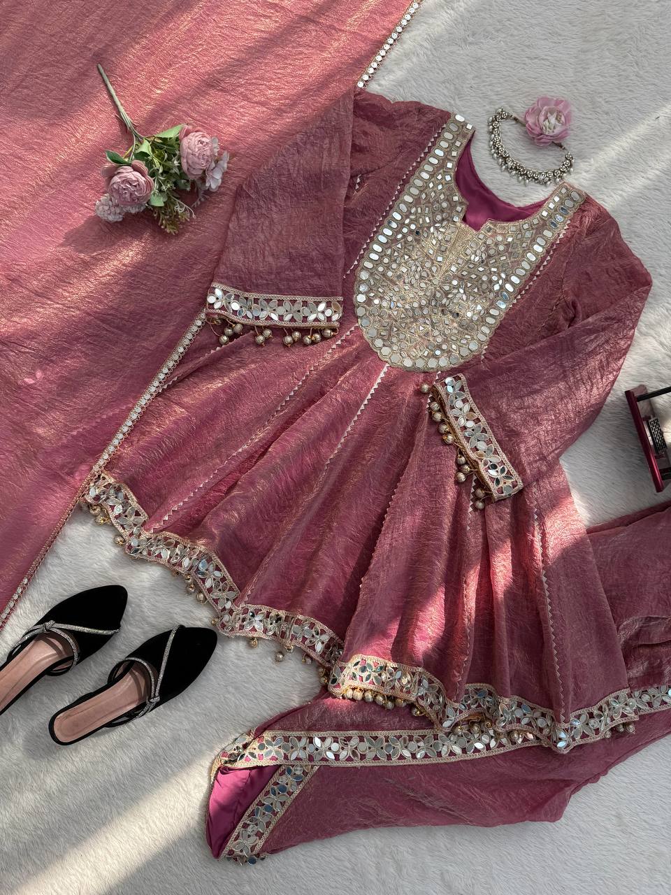 Gold Crush Thread with Real mirror and Fancy Latkan Top, Dhoti And Dupatta