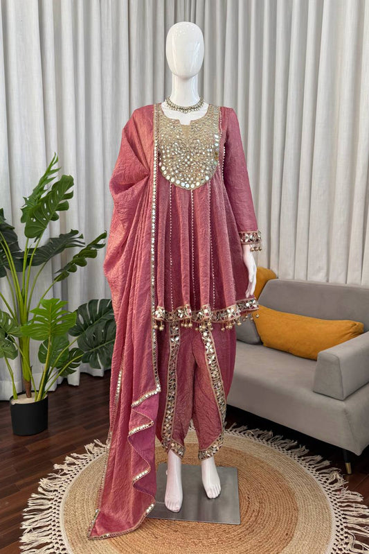 Gold Crush Thread with Real mirror and Fancy Latkan Top, Dhoti And Dupatta