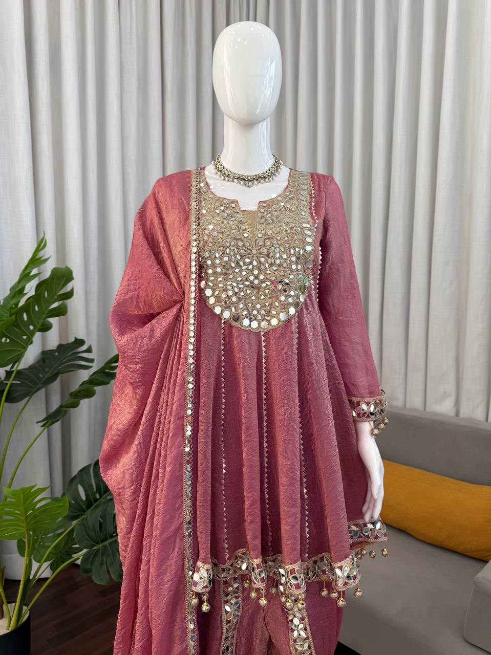 Gold Crush Thread with Real mirror and Fancy Latkan Top, Dhoti And Dupatta