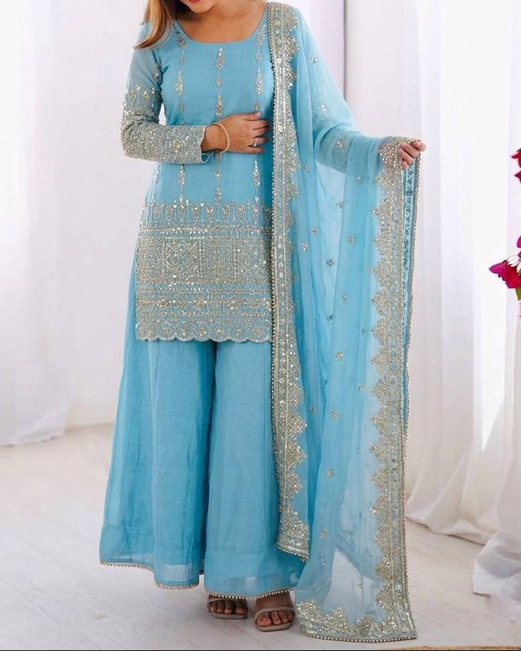 Elegant Embroidered with Sequin Thread Detailing Designer Sharara Set