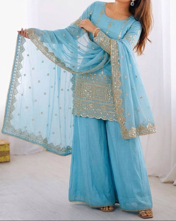 Elegant Embroidered with Sequin Thread Detailing Designer Sharara Set