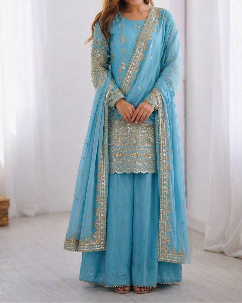 Elegant Embroidered with Sequin Thread Detailing Designer Sharara Set