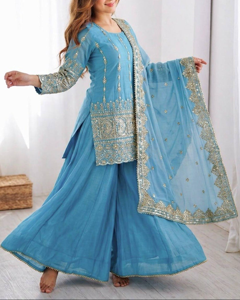 Elegant Embroidered with Sequin Thread Detailing Designer Sharara Set