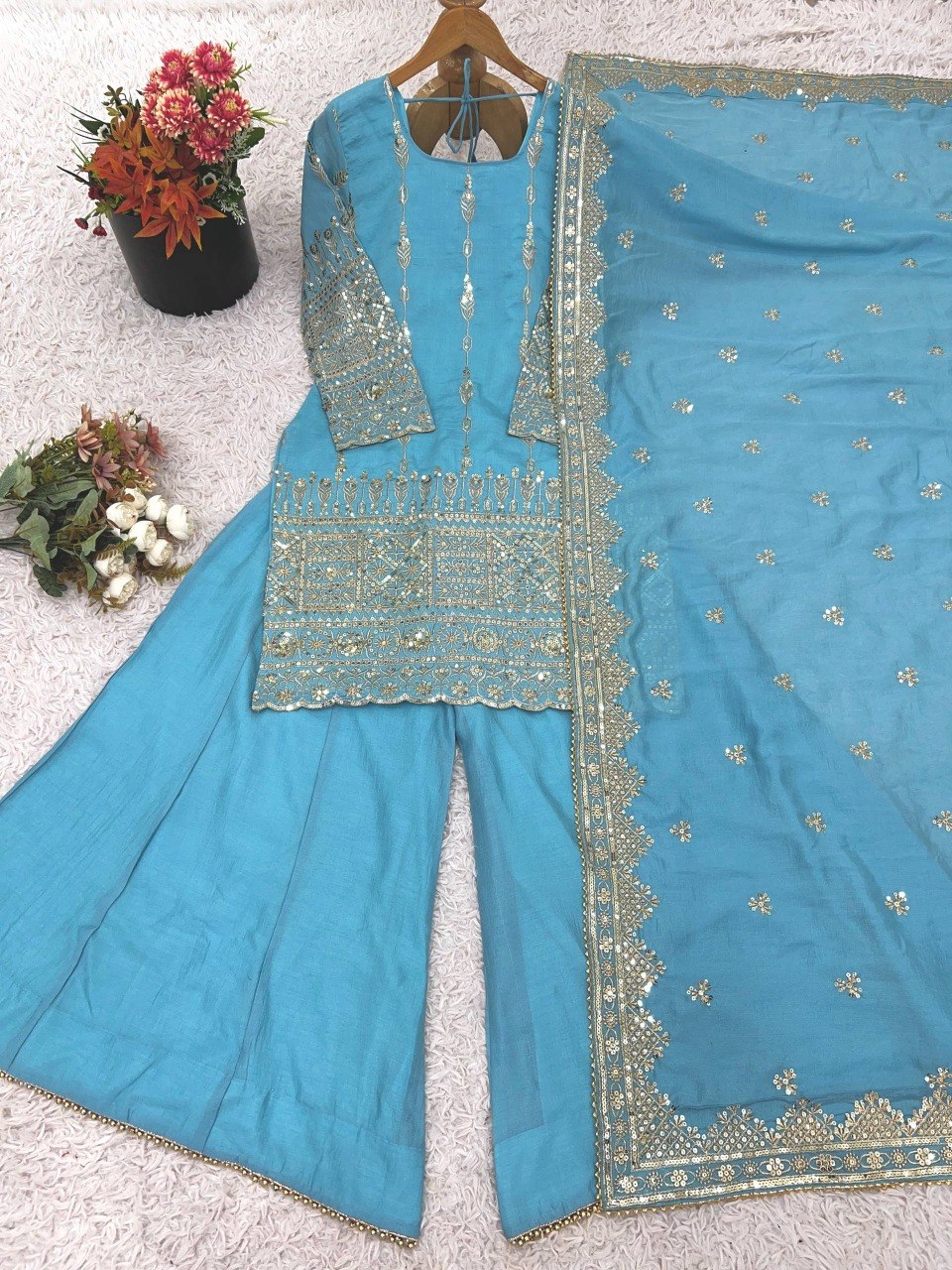 Elegant Embroidered with Sequin Thread Detailing Designer Sharara Set