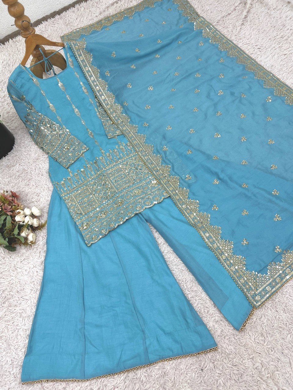 Elegant Embroidered with Sequin Thread Detailing Designer Sharara Set