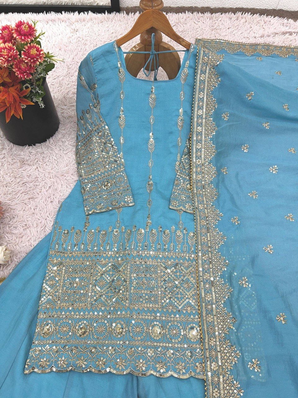 Elegant Embroidered with Sequin Thread Detailing Designer Sharara Set