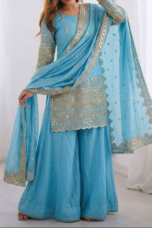 Elegant Embroidered with Sequin Thread Detailing Designer Sharara Set