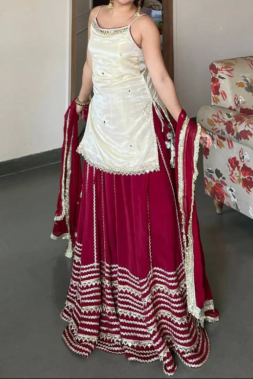 Party Wear Fendy Silk Real Mirror Work Sleeve less Top, Lehenga With Dupatta