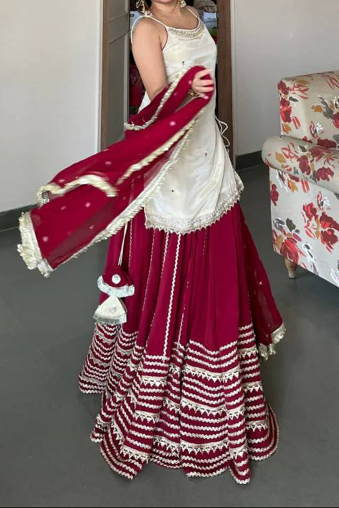 Party Wear Fendy Silk Real Mirror Work Sleeve less Top, Lehenga With Dupatta