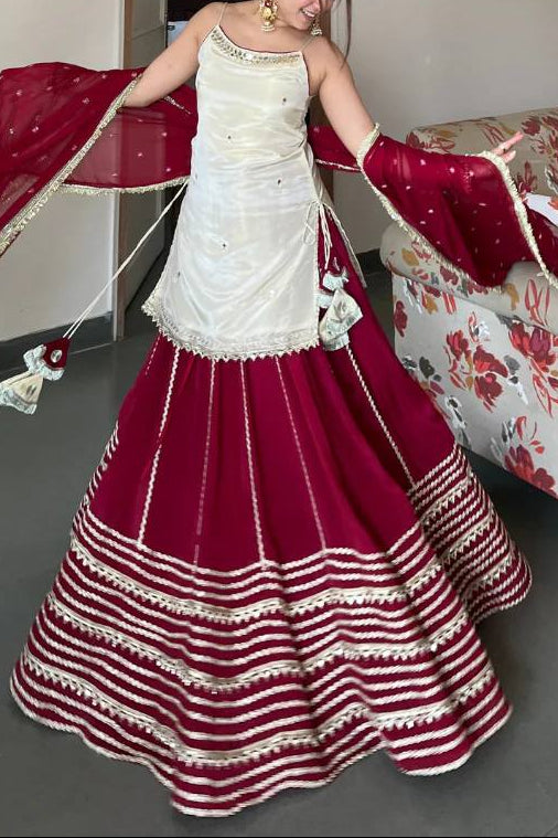 Party Wear Fendy Silk Real Mirror Work Sleeve less Top, Lehenga With Dupatta