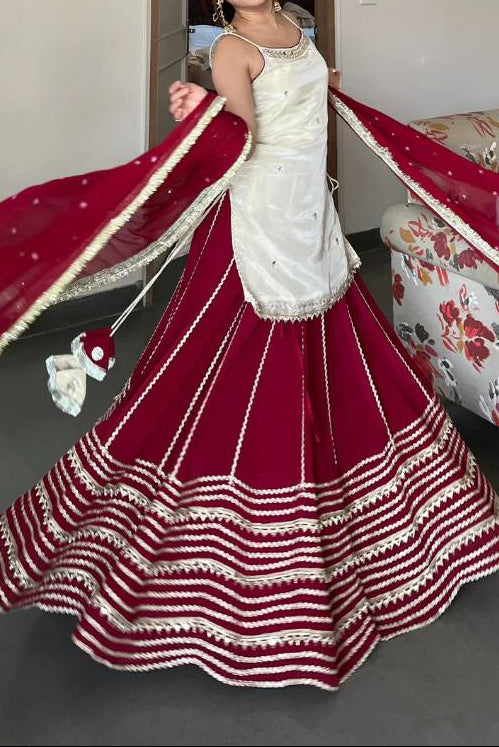 Party Wear Fendy Silk Real Mirror Work Sleeve less Top, Lehenga With Dupatta
