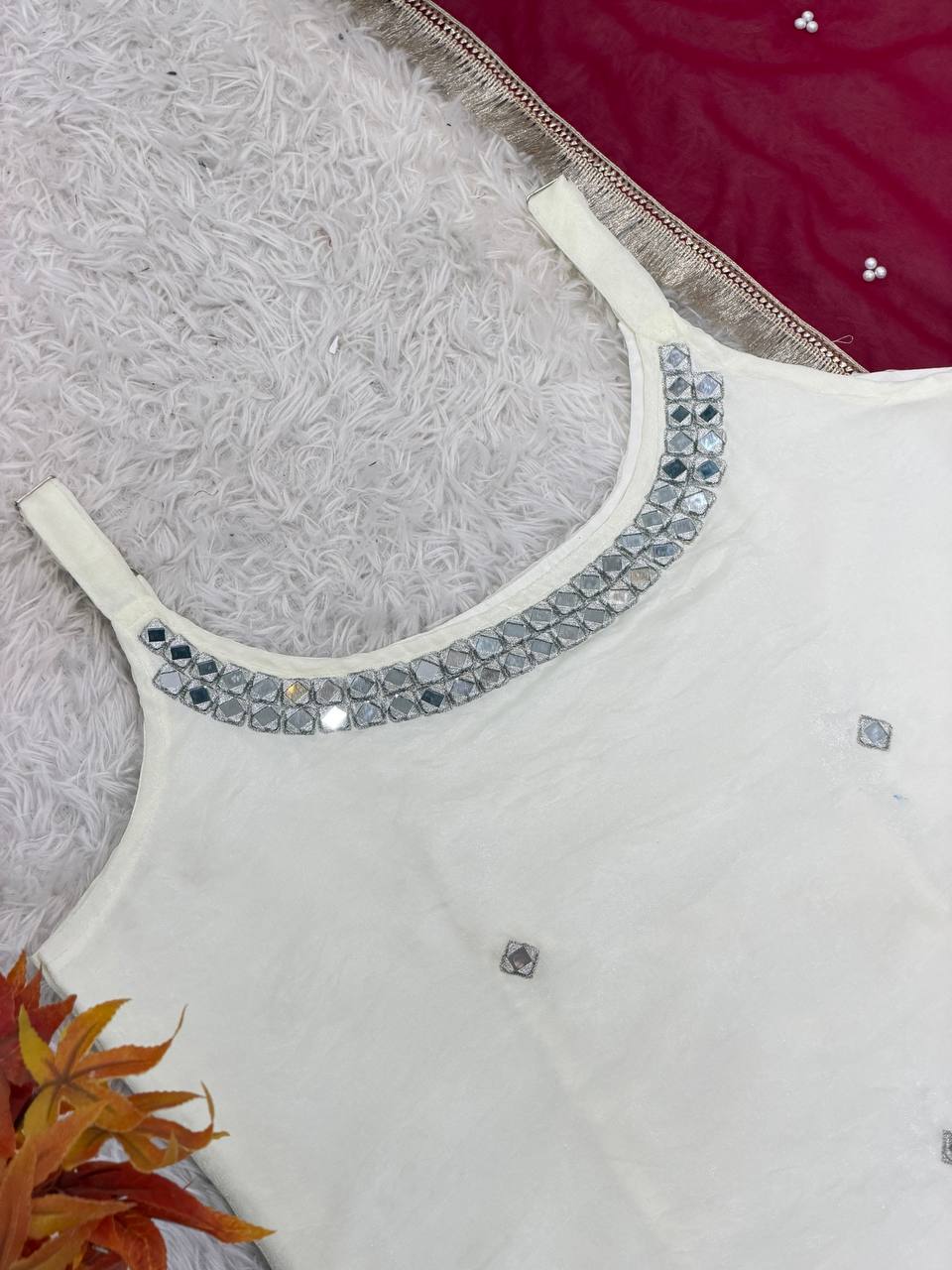 Party Wear Fendy Silk Real Mirror Work Sleeve less Top, Lehenga With Dupatta