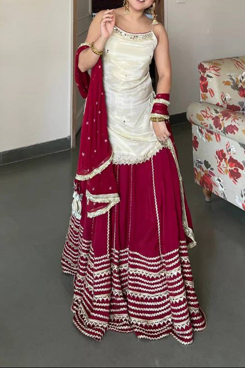Party Wear Fendy Silk Real Mirror Work Sleeve less Top, Lehenga With Dupatta