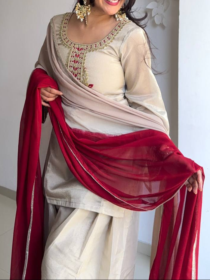 Wedding Wear Tebby Organza Embroidery Thread Work Top, Farshi Bottom With Dupatta
