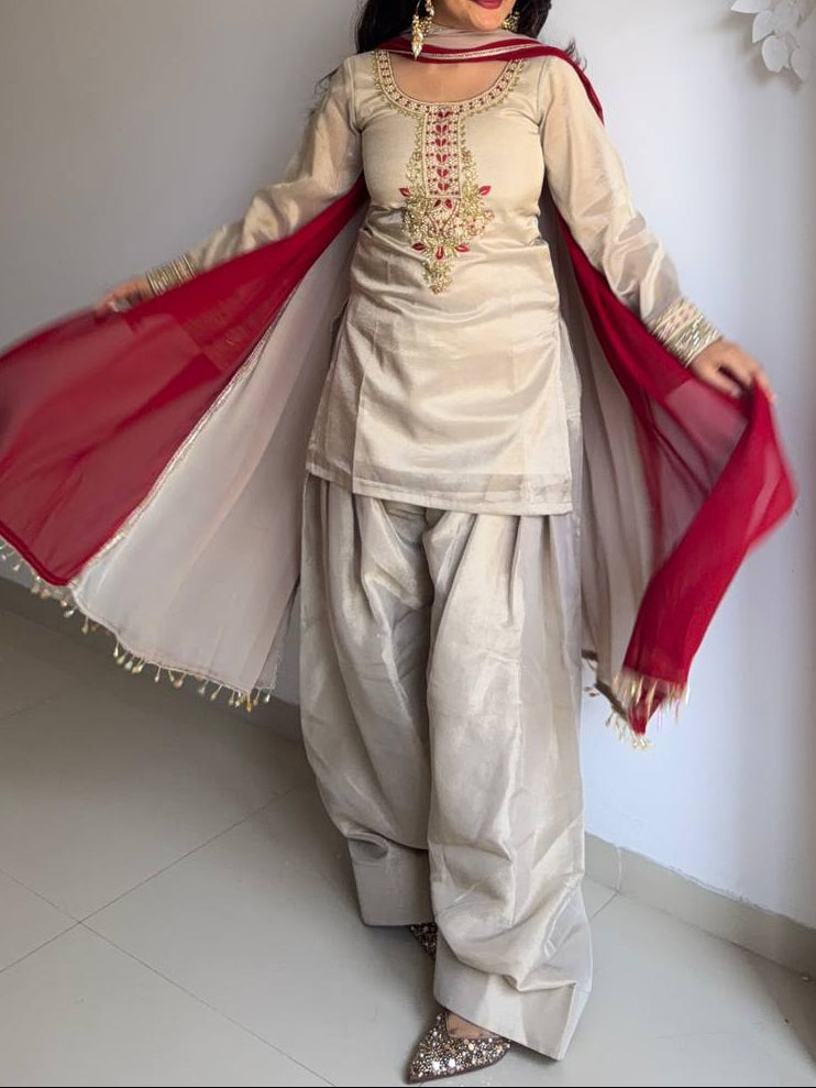 Wedding Wear Tebby Organza Embroidery Thread Work Top, Farshi Bottom With Dupatta