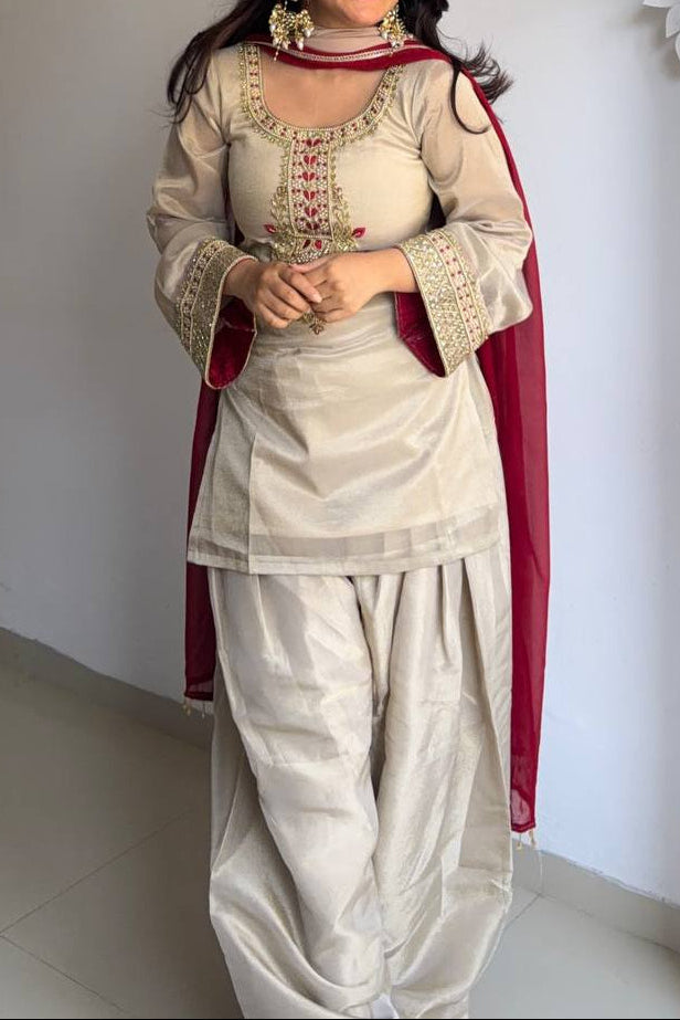Wedding Wear Tebby Organza Embroidery Thread Work Top, Farshi Bottom With Dupatta