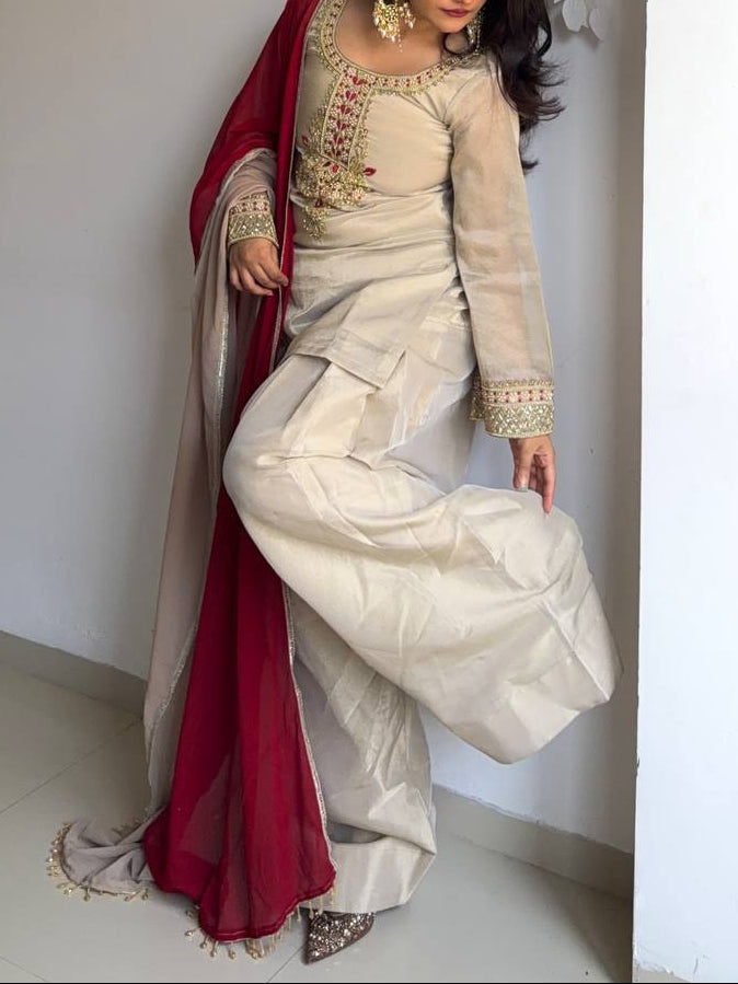 Wedding Wear Tebby Organza Embroidery Thread Work Top, Farshi Bottom With Dupatta