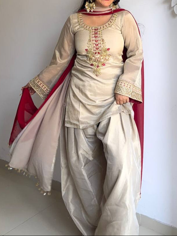Wedding Wear Tebby Organza Embroidery Thread Work Top, Farshi Bottom With Dupatta
