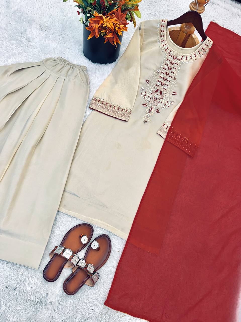 Wedding Wear Tebby Organza Embroidery Thread Work Top, Farshi Bottom With Dupatta