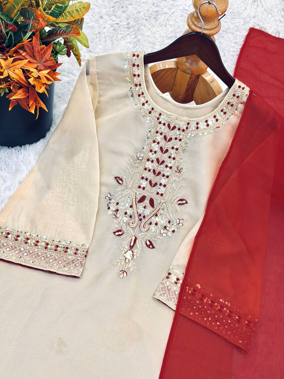 Wedding Wear Tebby Organza Embroidery Thread Work Top, Farshi Bottom With Dupatta