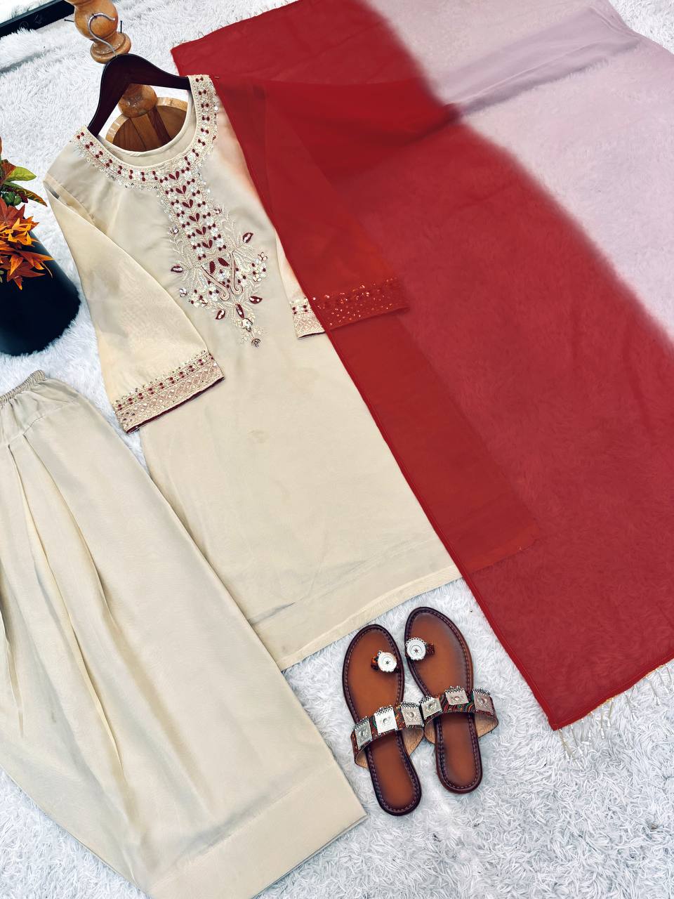 Wedding Wear Tebby Organza Embroidery Thread Work Top, Farshi Bottom With Dupatta