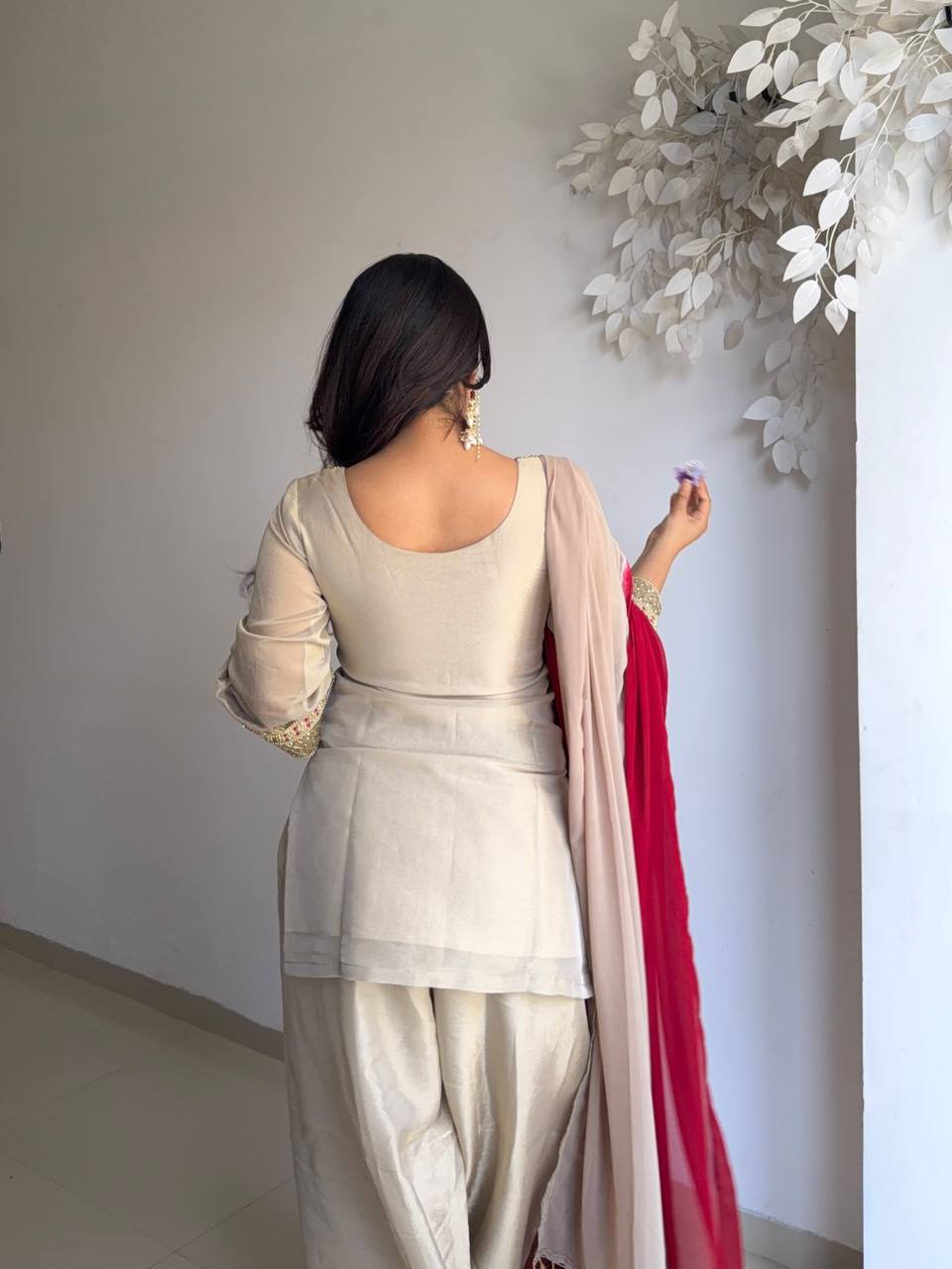 Wedding Wear Tebby Organza Embroidery Thread Work Top, Farshi Bottom With Dupatta