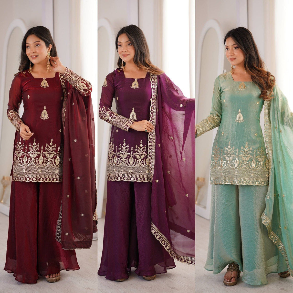 Wedding Wear Fendy Silk Embroidery Sequence Work Top, Sharara & Dupatta